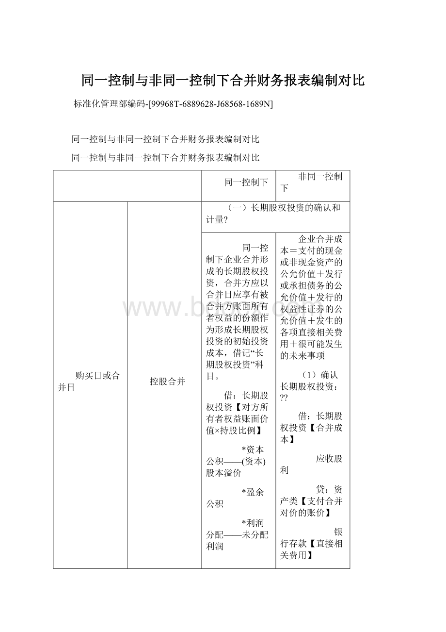 同一控制与非同一控制下合并财务报表编制对比文档格式.docx_第1页