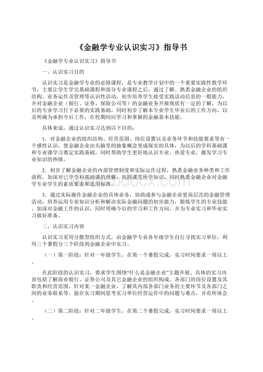 《金融学专业认识实习》指导书Word下载.docx