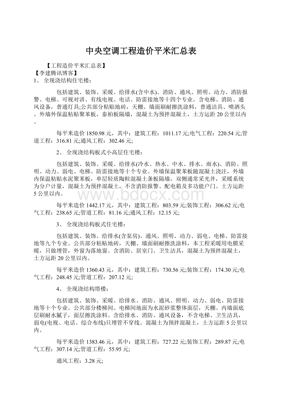 中央空调工程造价平米汇总表Word文件下载.docx_第1页