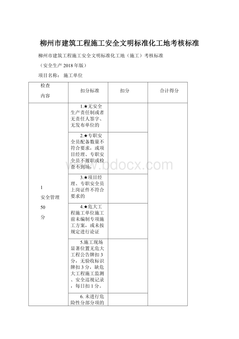 柳州市建筑工程施工安全文明标准化工地考核标准Word文件下载.docx_第1页