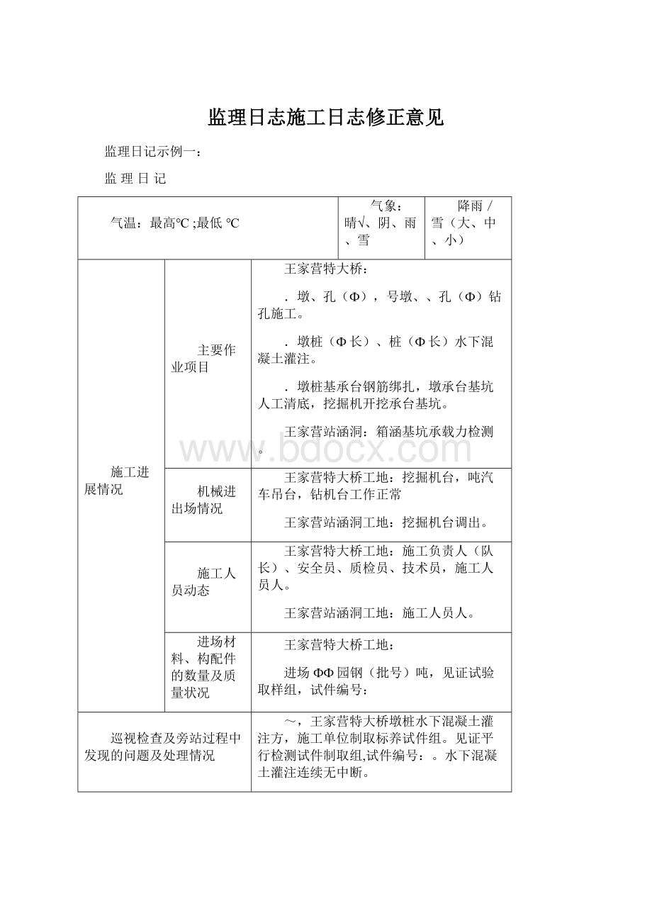 监理日志施工日志修正意见Word下载.docx