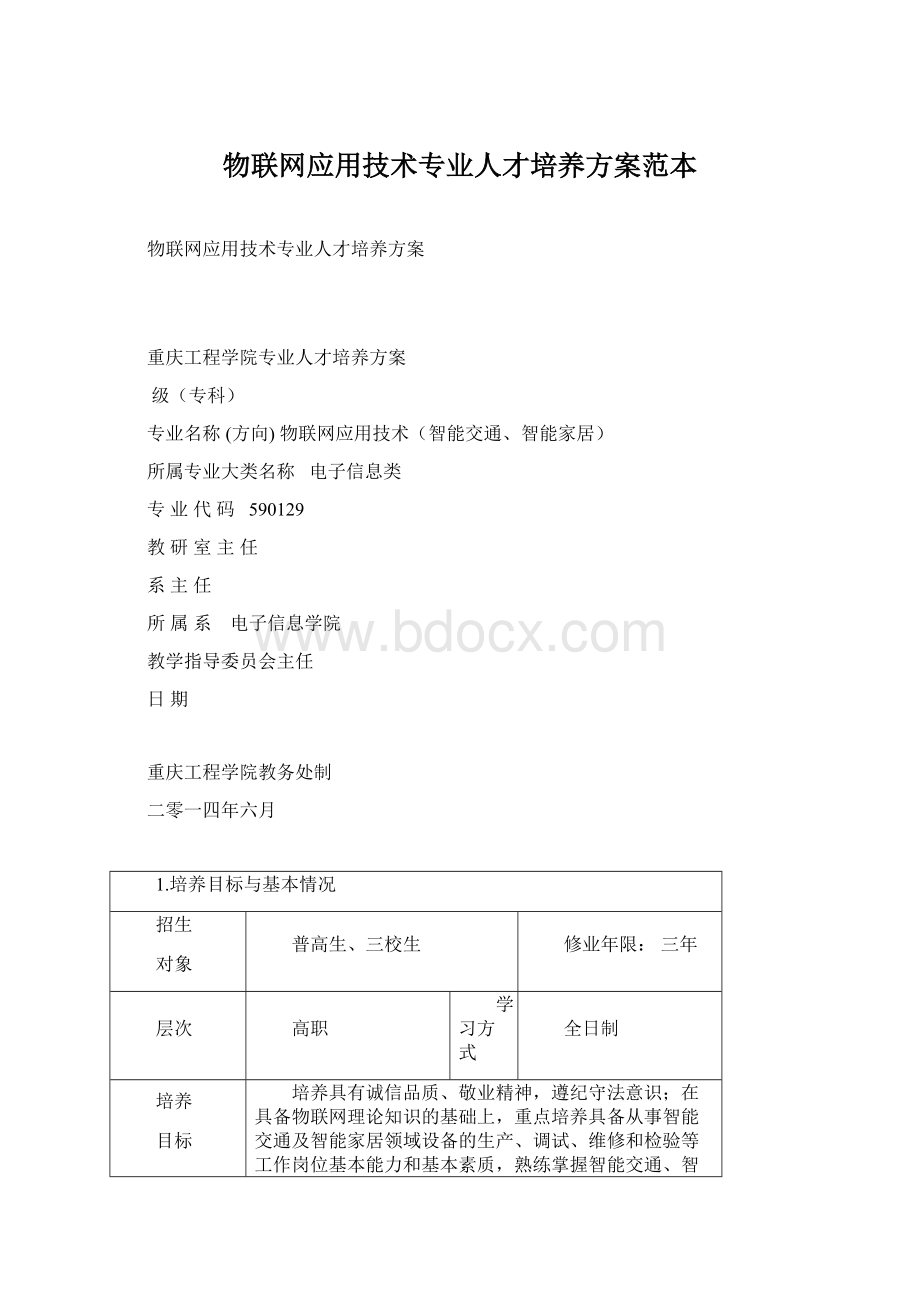 物联网应用技术专业人才培养方案范本文档格式.docx