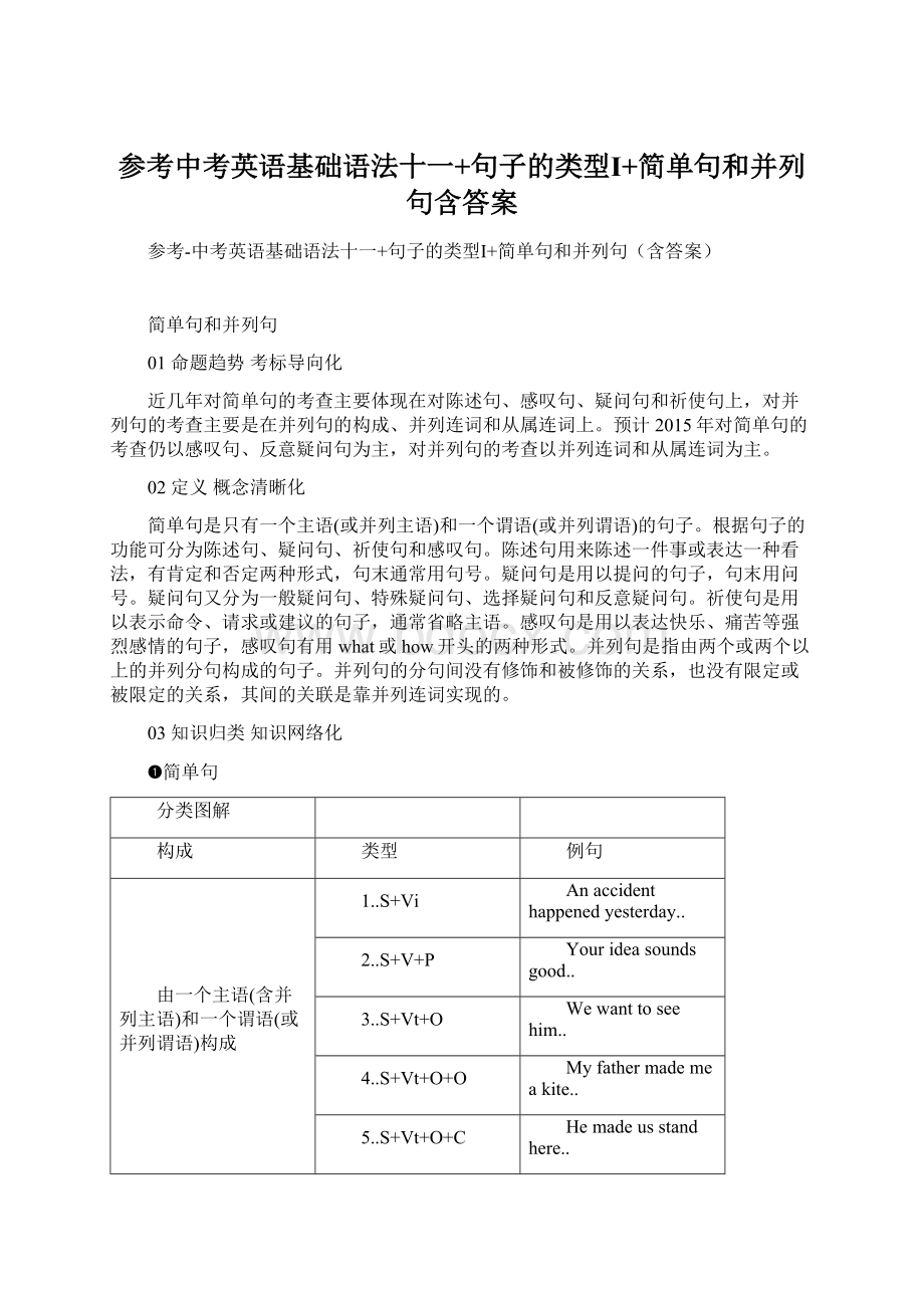 参考中考英语基础语法十一+句子的类型Ⅰ+简单句和并列句含答案.docx