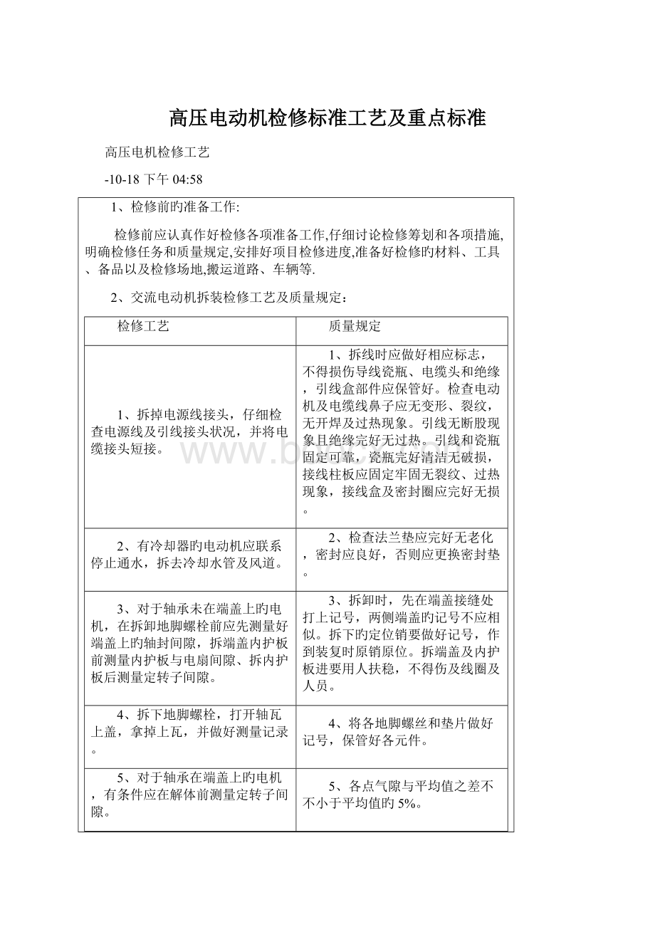 高压电动机检修标准工艺及重点标准.docx