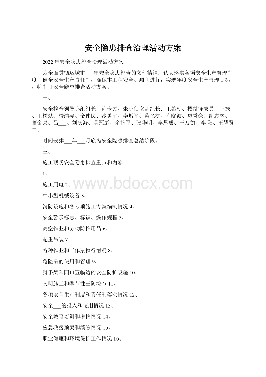 安全隐患排查治理活动方案文档格式.docx