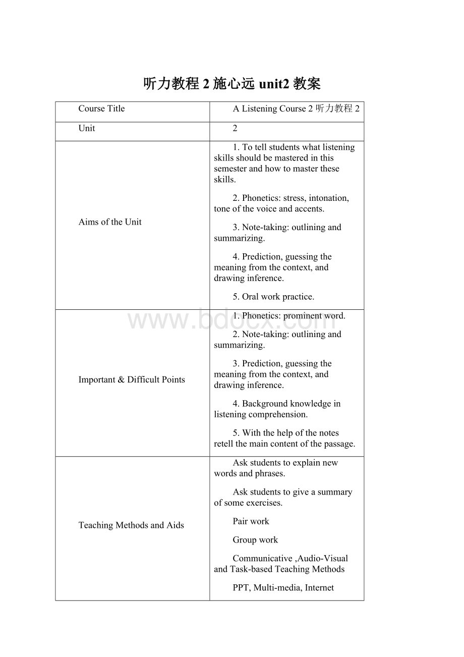 听力教程2施心远unit2教案.docx_第1页