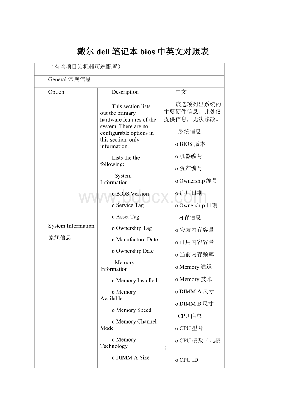 戴尔dell笔记本bios 中英文对照表Word格式文档下载.docx