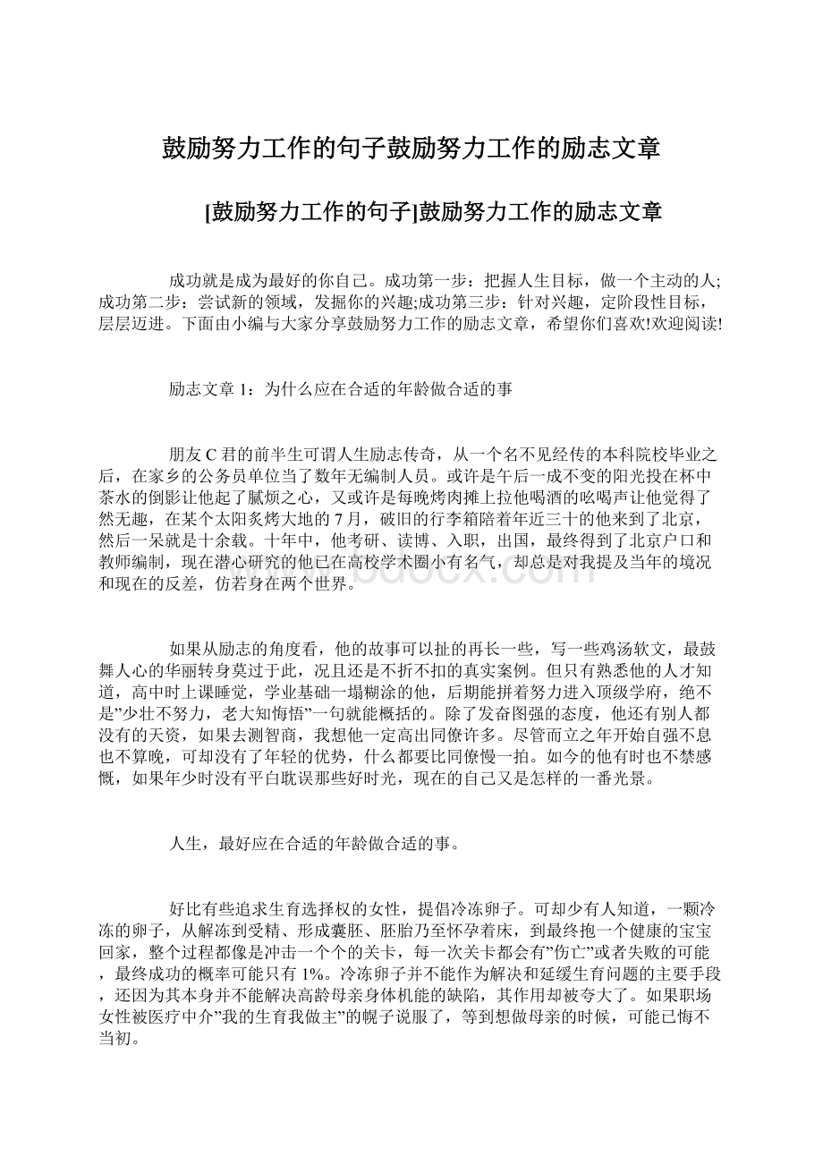 鼓励努力工作的句子鼓励努力工作的励志文章Word文档下载推荐.docx