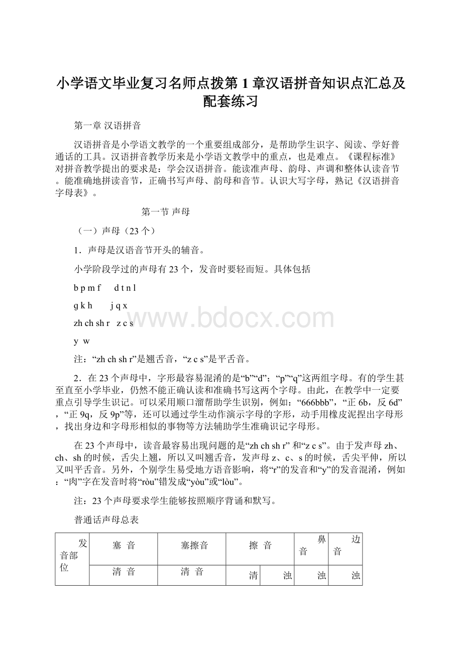 小学语文毕业复习名师点拨第1章汉语拼音知识点汇总及配套练习.docx