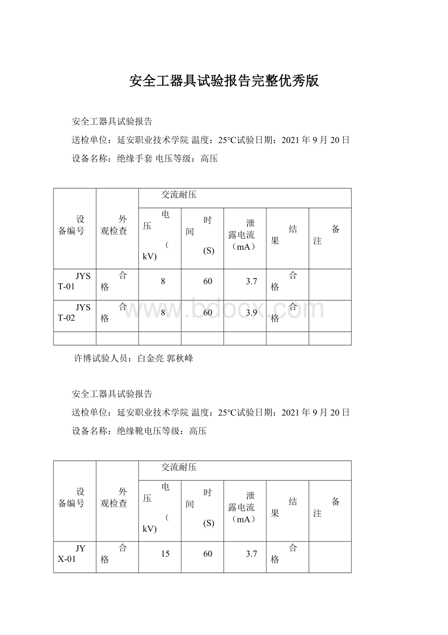 安全工器具试验报告完整优秀版Word文件下载.docx