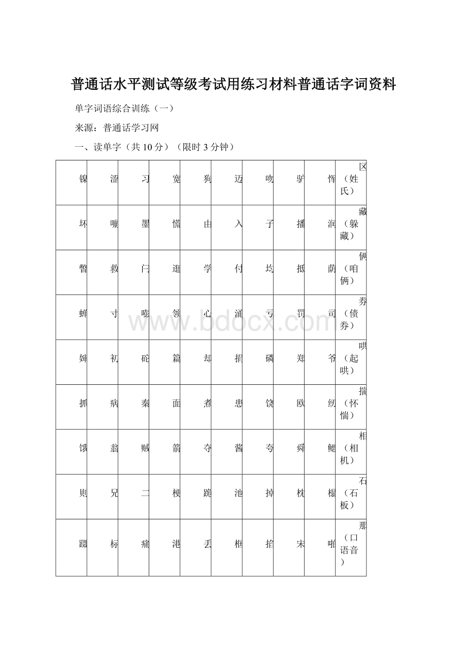 普通话水平测试等级考试用练习材料普通话字词资料.docx_第1页