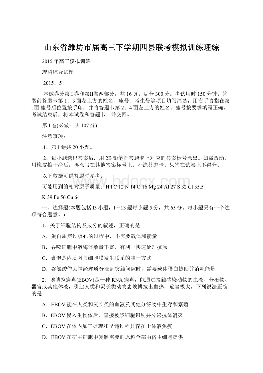 山东省潍坊市届高三下学期四县联考模拟训练理综.docx