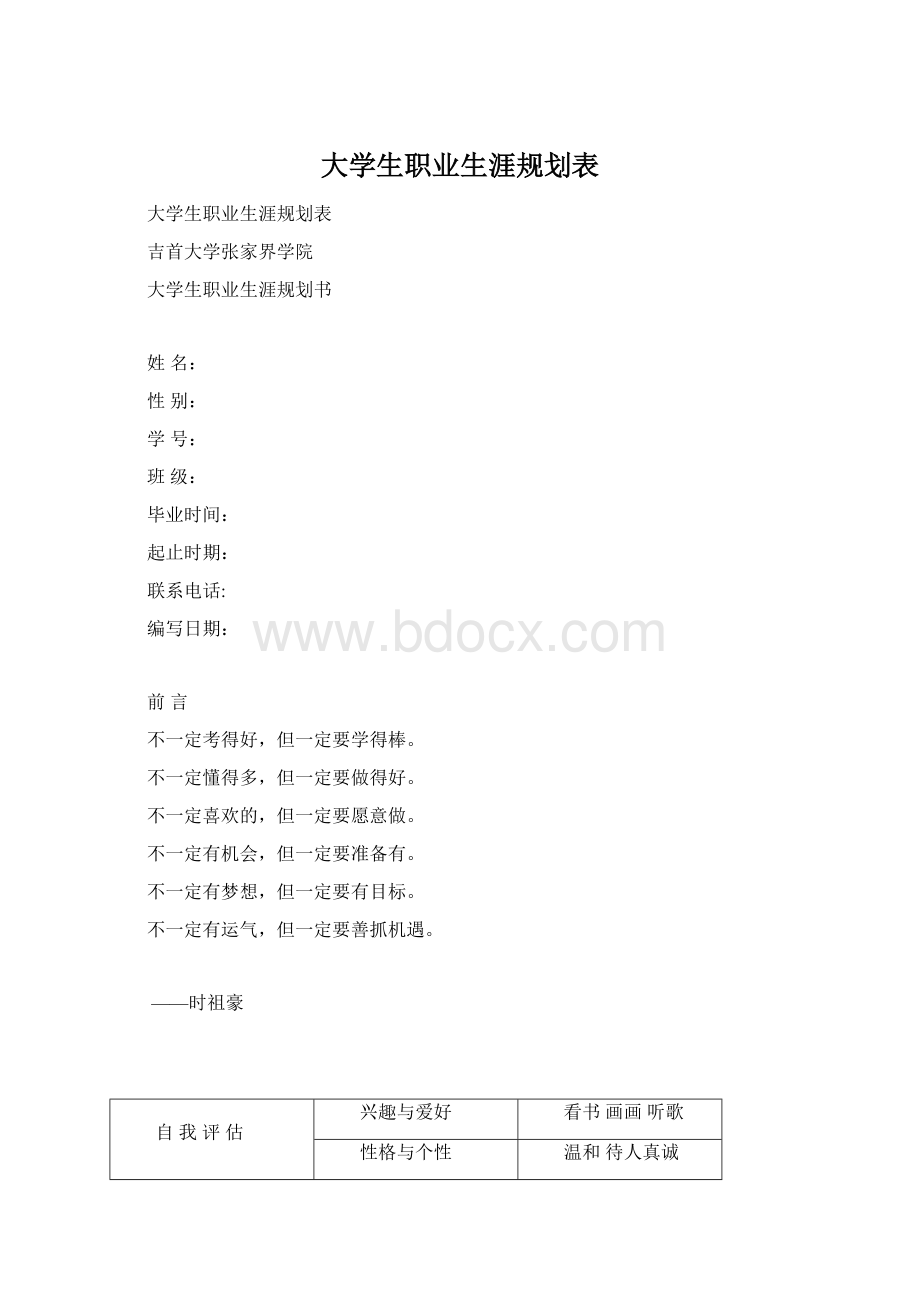 大学生职业生涯规划表Word下载.docx