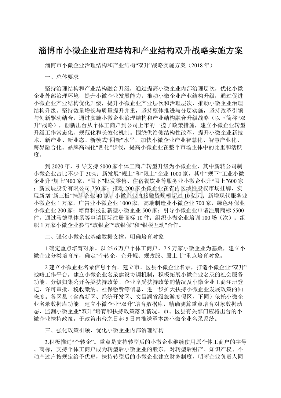 淄博市小微企业治理结构和产业结构双升战略实施方案.docx