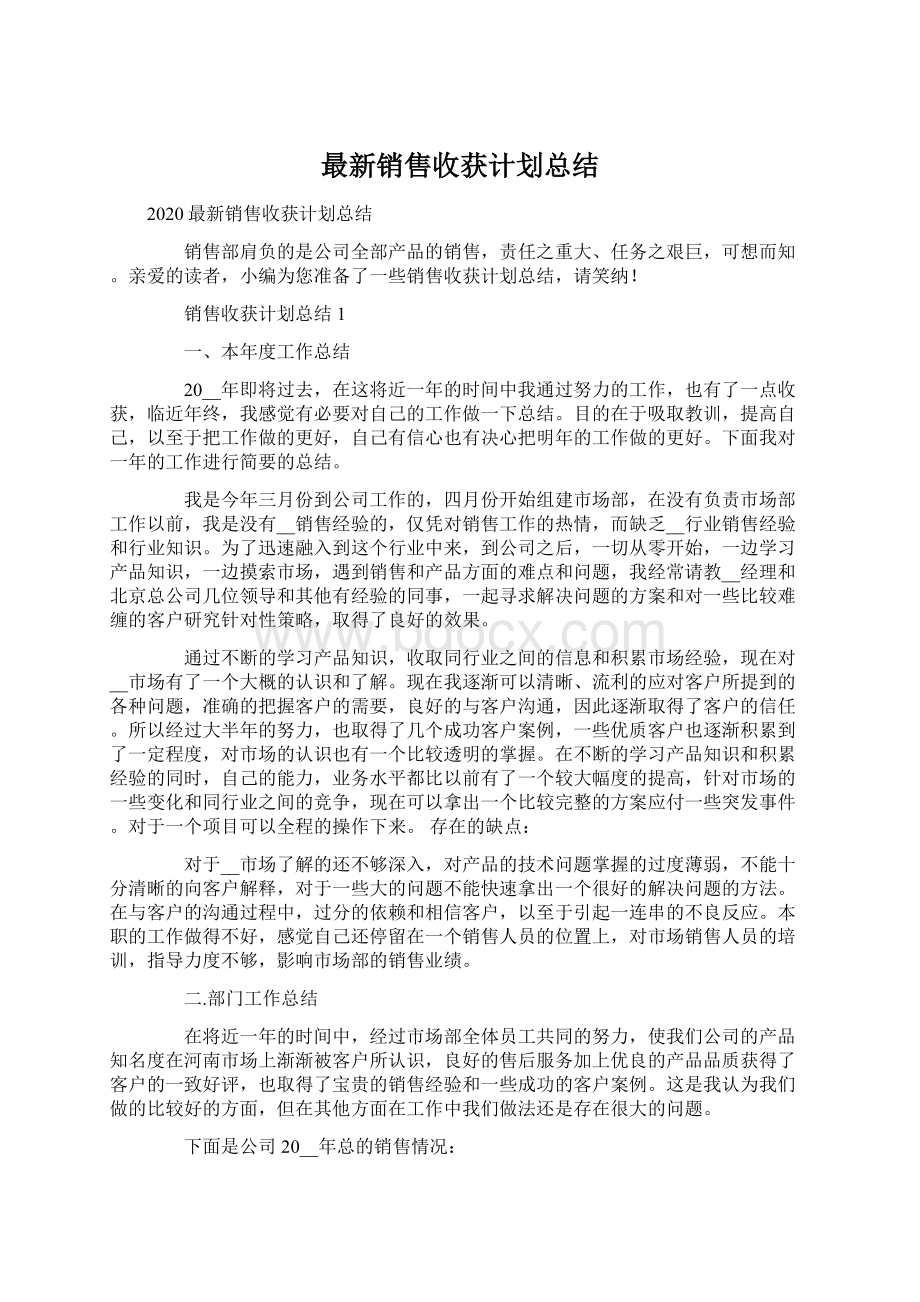 最新销售收获计划总结Word下载.docx