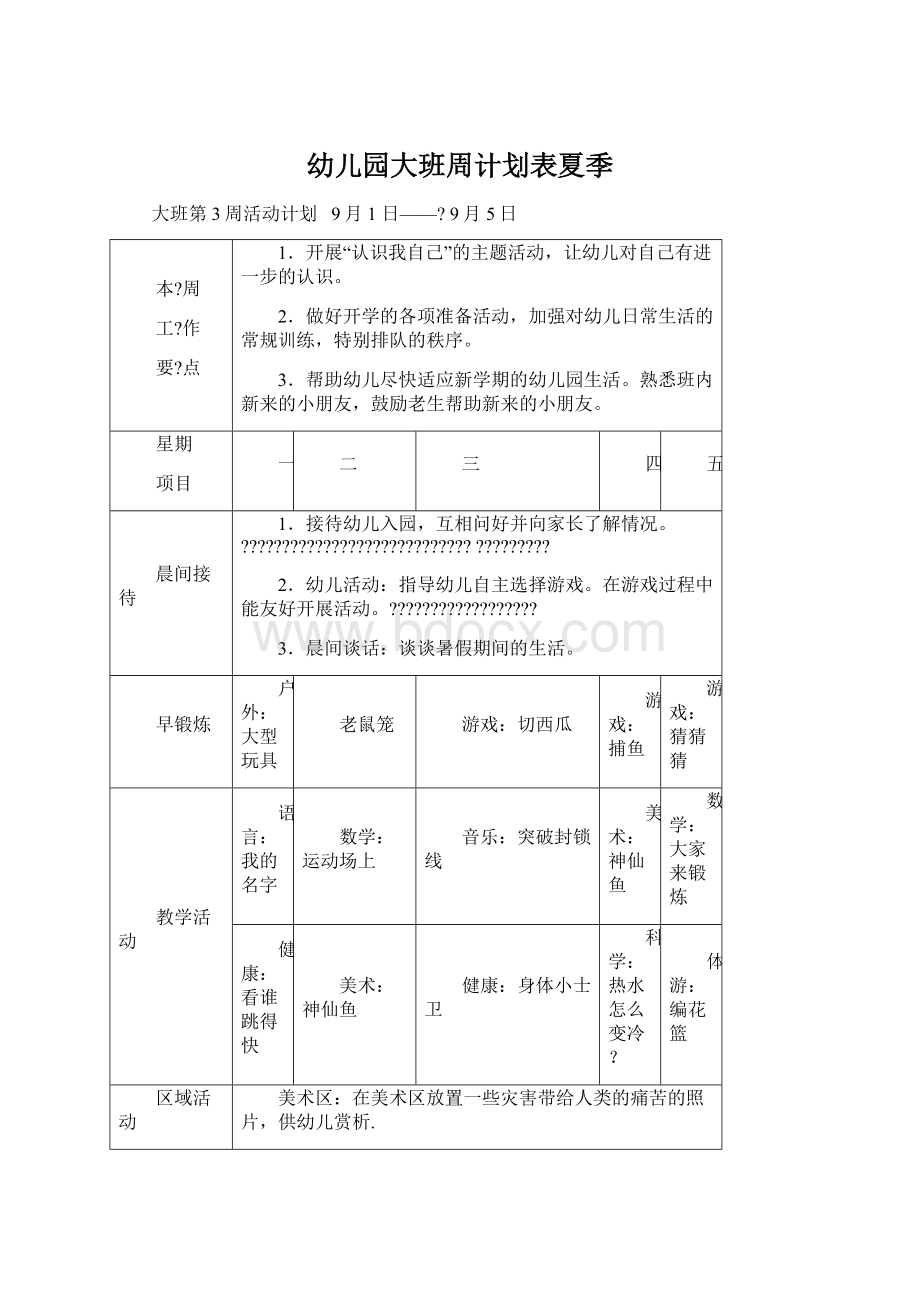 幼儿园大班周计划表夏季Word格式文档下载.docx