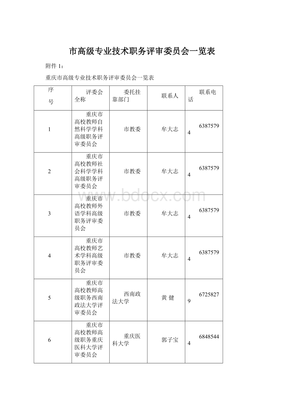 市高级专业技术职务评审委员会一览表.docx_第1页