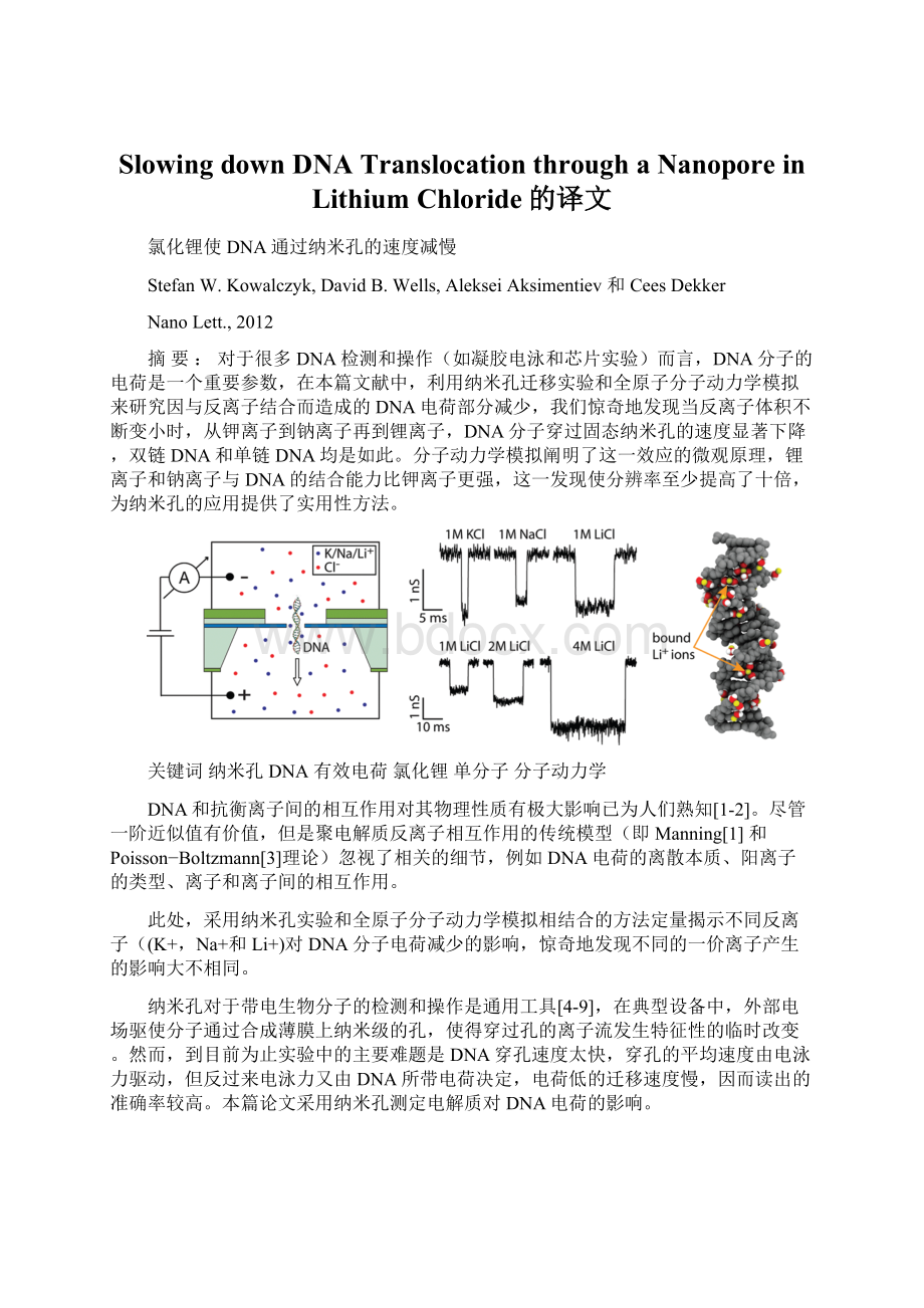 Slowing down DNA Translocation through a Nanopore in Lithium Chloride的译文.docx