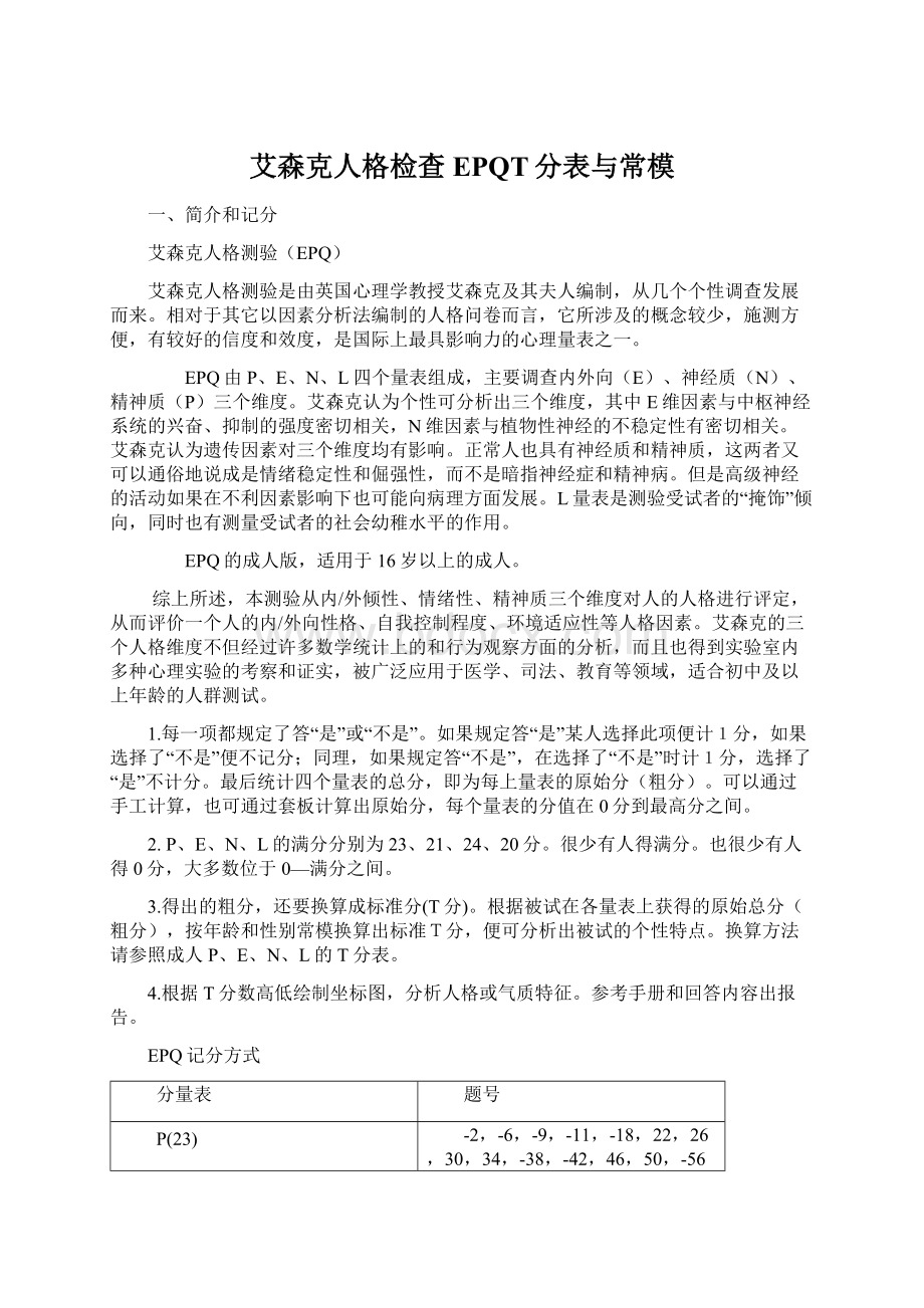 艾森克人格检查EPQT分表与常模.docx