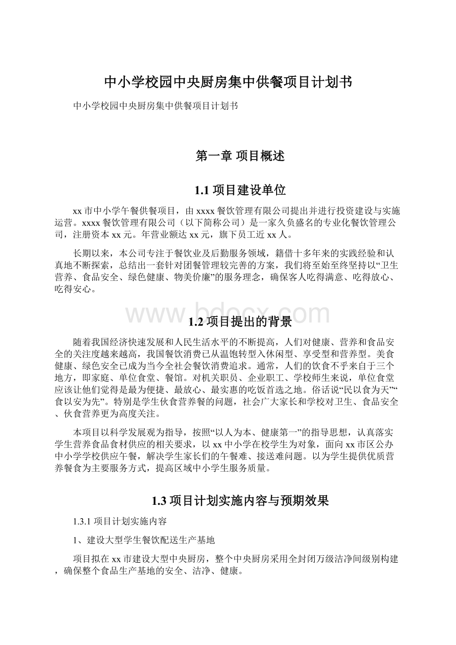 中小学校园中央厨房集中供餐项目计划书Word文档格式.docx