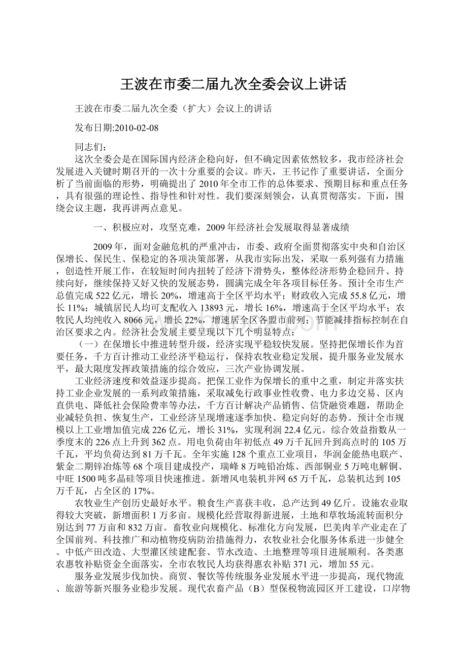 王波在市委二届九次全委会议上讲话.docx