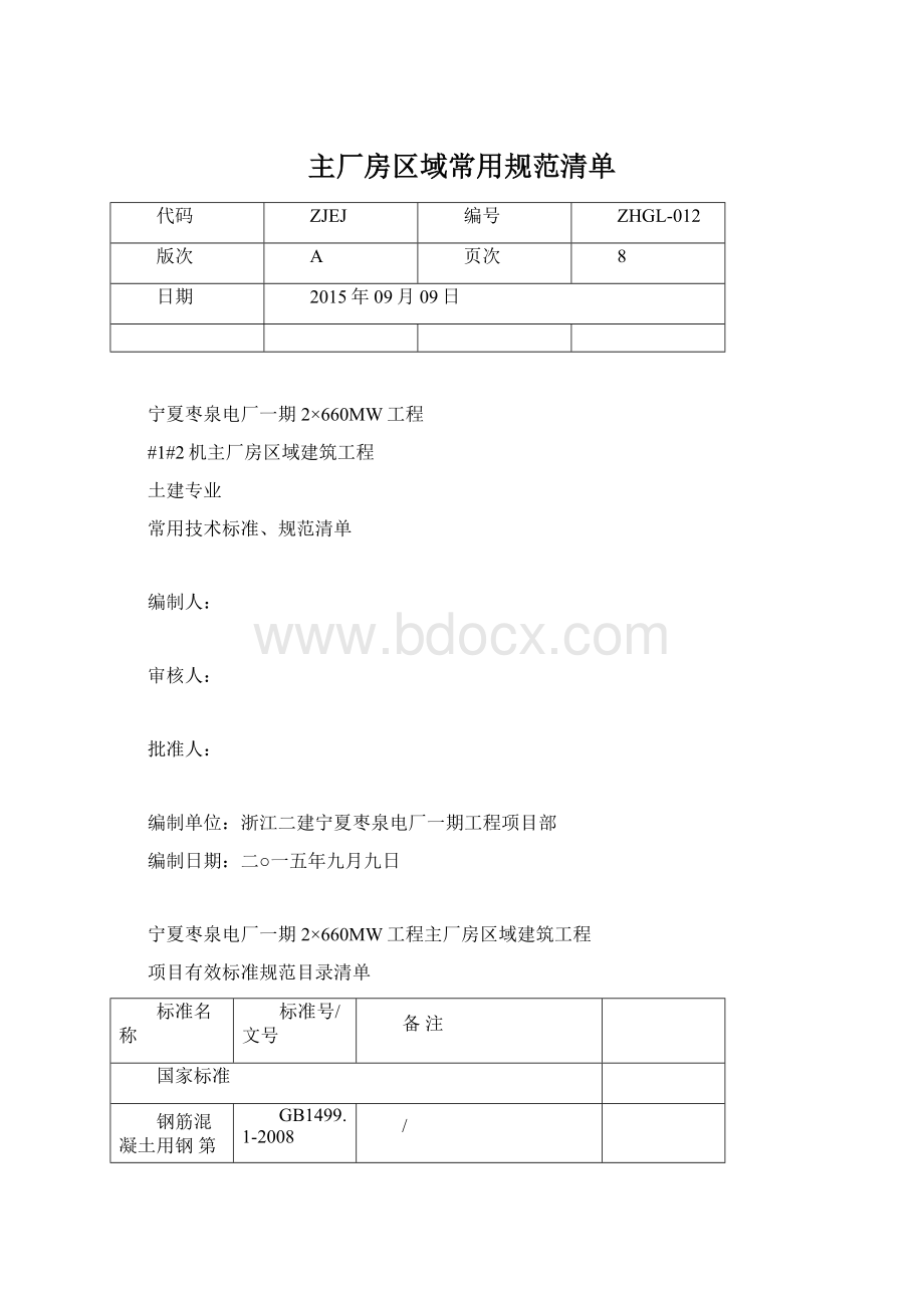 主厂房区域常用规范清单Word文档下载推荐.docx_第1页