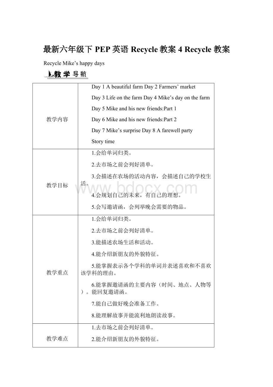 最新六年级下PEP英语Recycle教案 4 Recycle 教案Word下载.docx