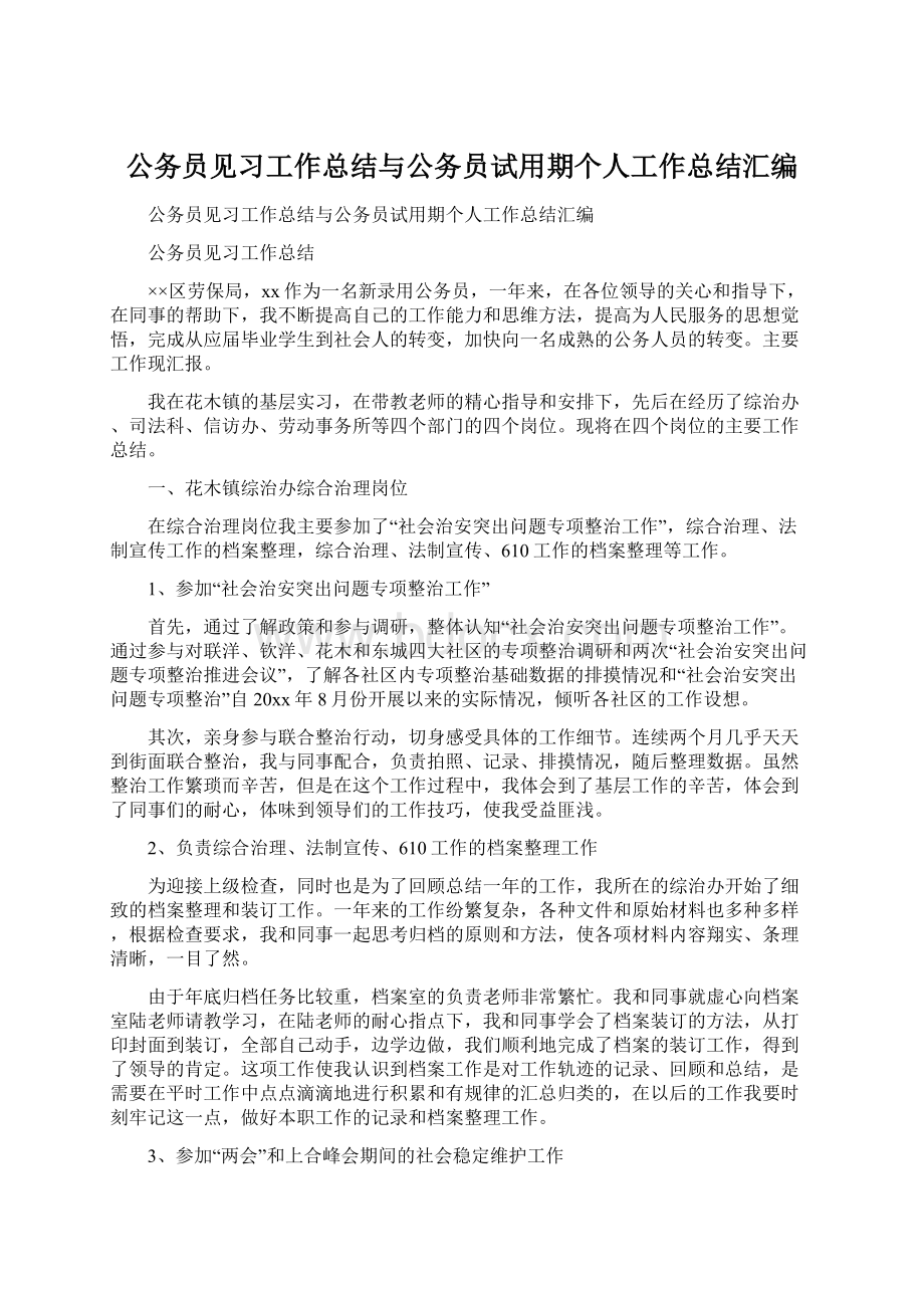 公务员见习工作总结与公务员试用期个人工作总结汇编.docx_第1页