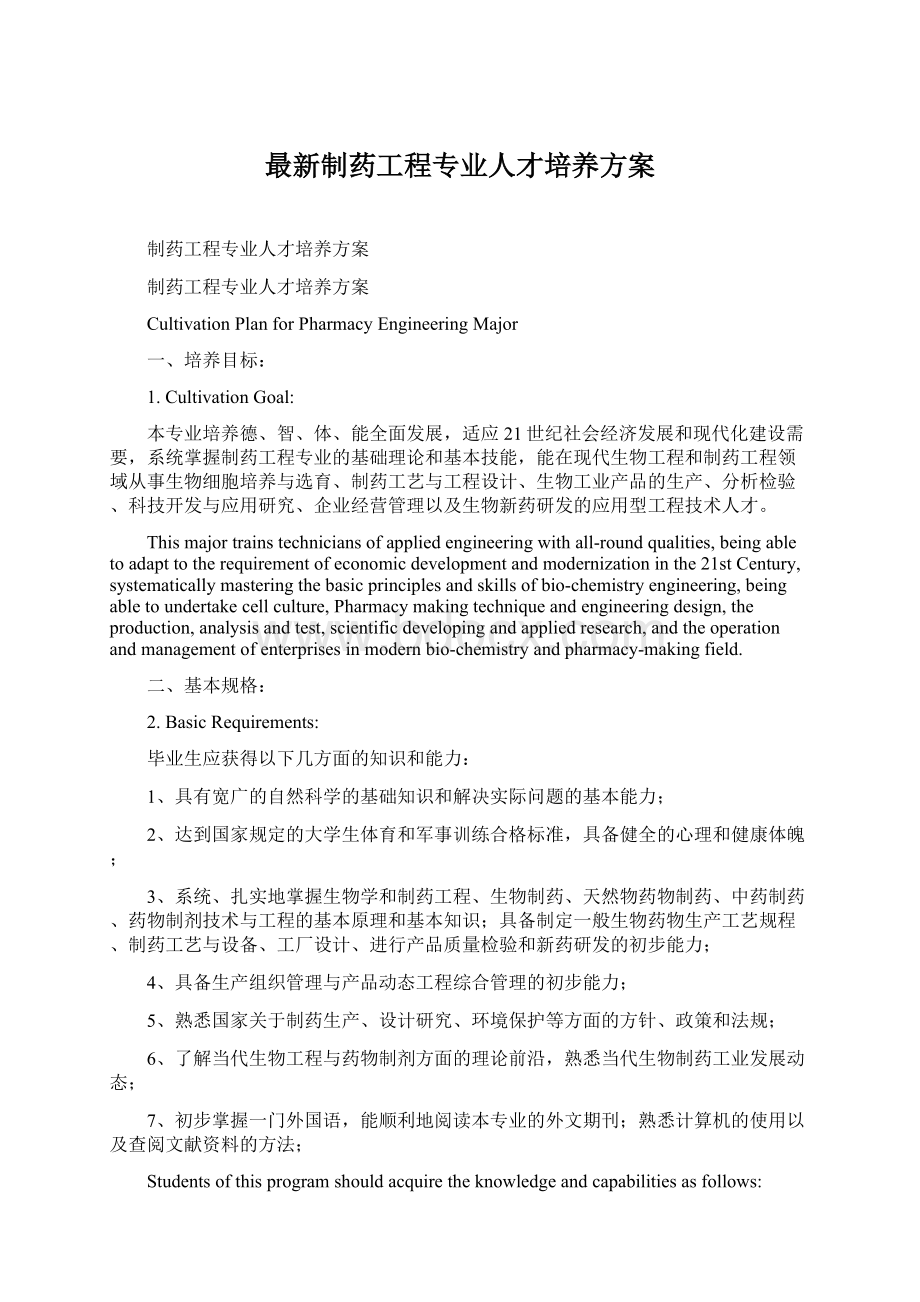 最新制药工程专业人才培养方案Word格式文档下载.docx