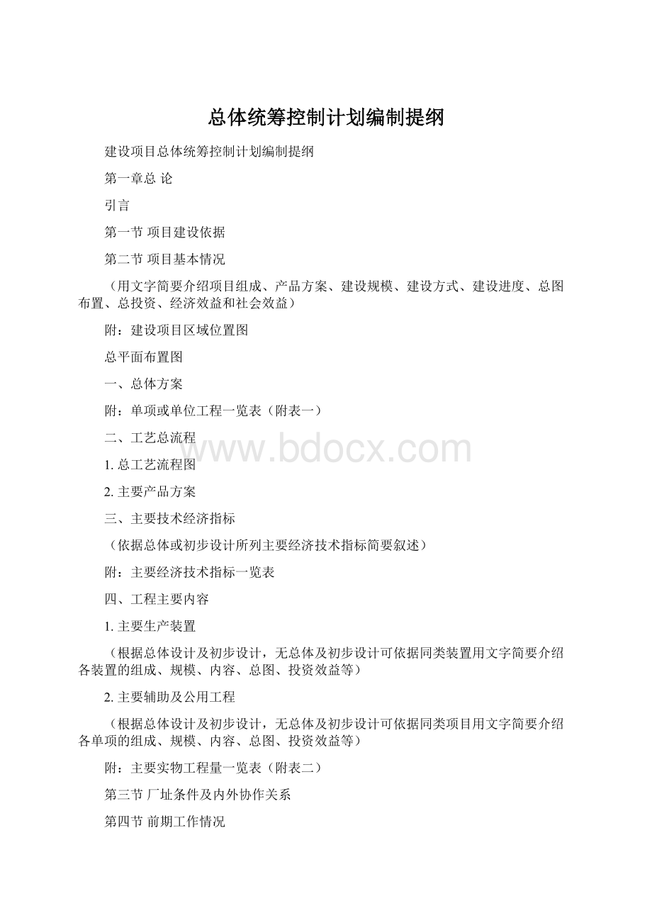 总体统筹控制计划编制提纲Word文件下载.docx