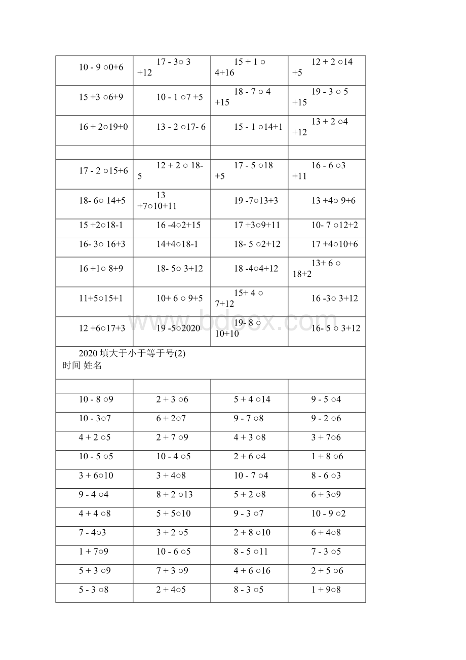 新人教版一年级20以内填大于号小于号专项练习1000题.docx_第2页