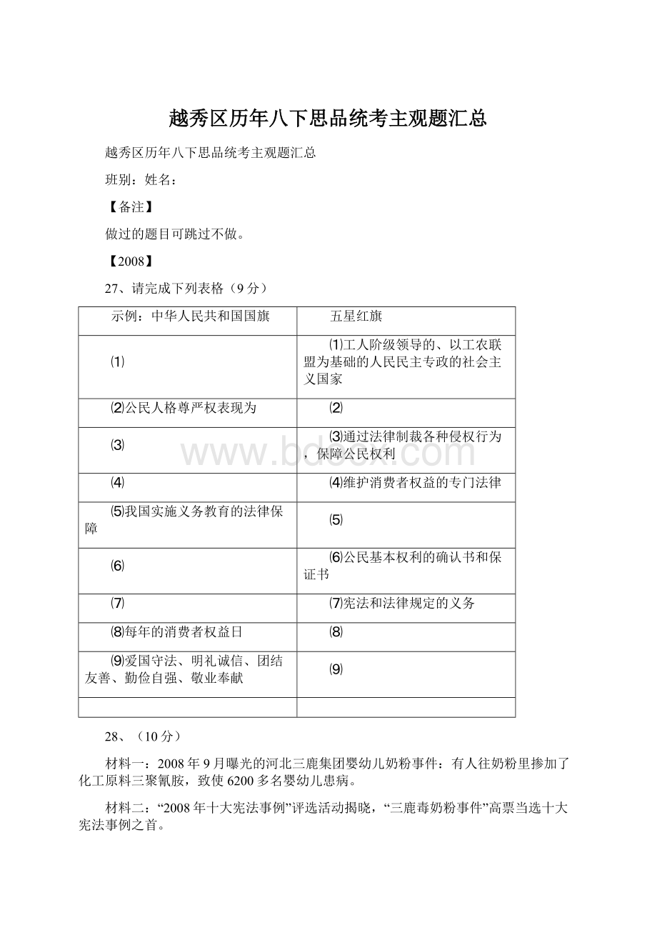 越秀区历年八下思品统考主观题汇总Word文件下载.docx_第1页