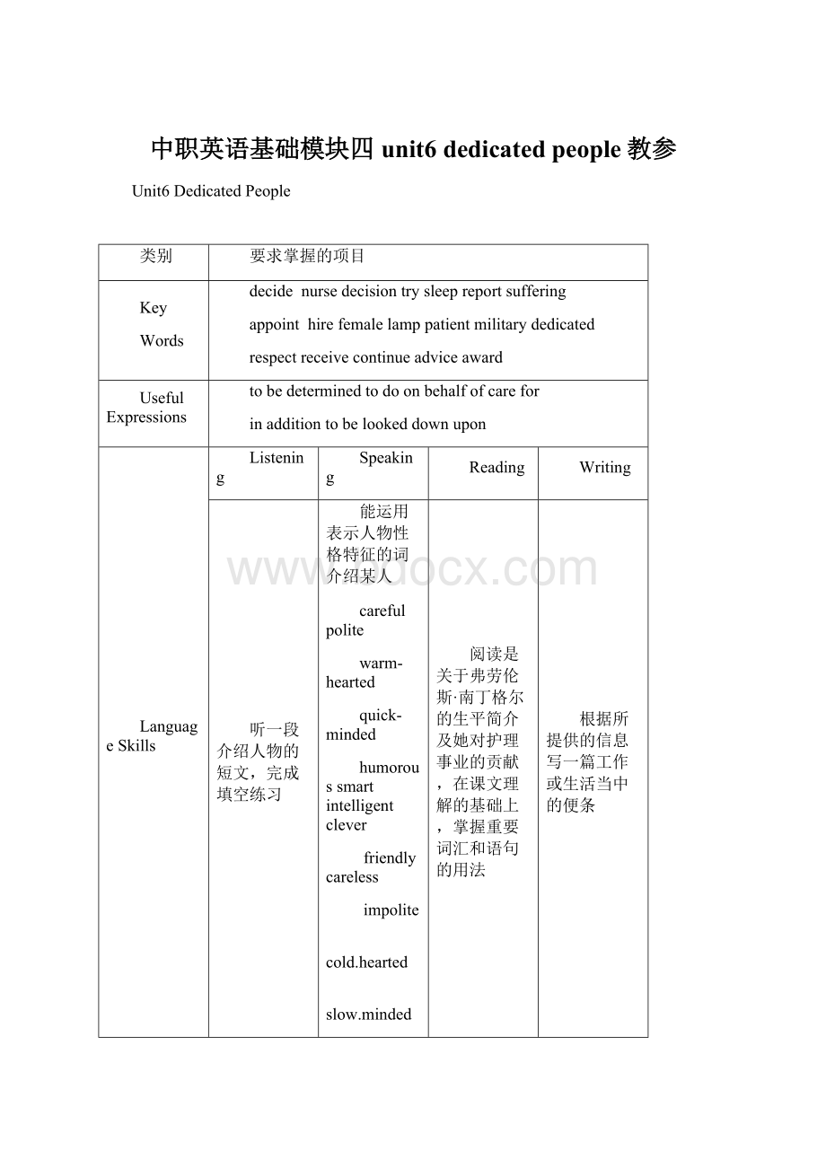 中职英语基础模块四unit6 dedicated people教参.docx