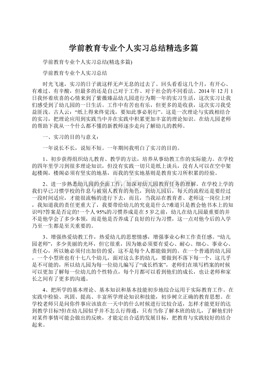 学前教育专业个人实习总结精选多篇Word下载.docx_第1页