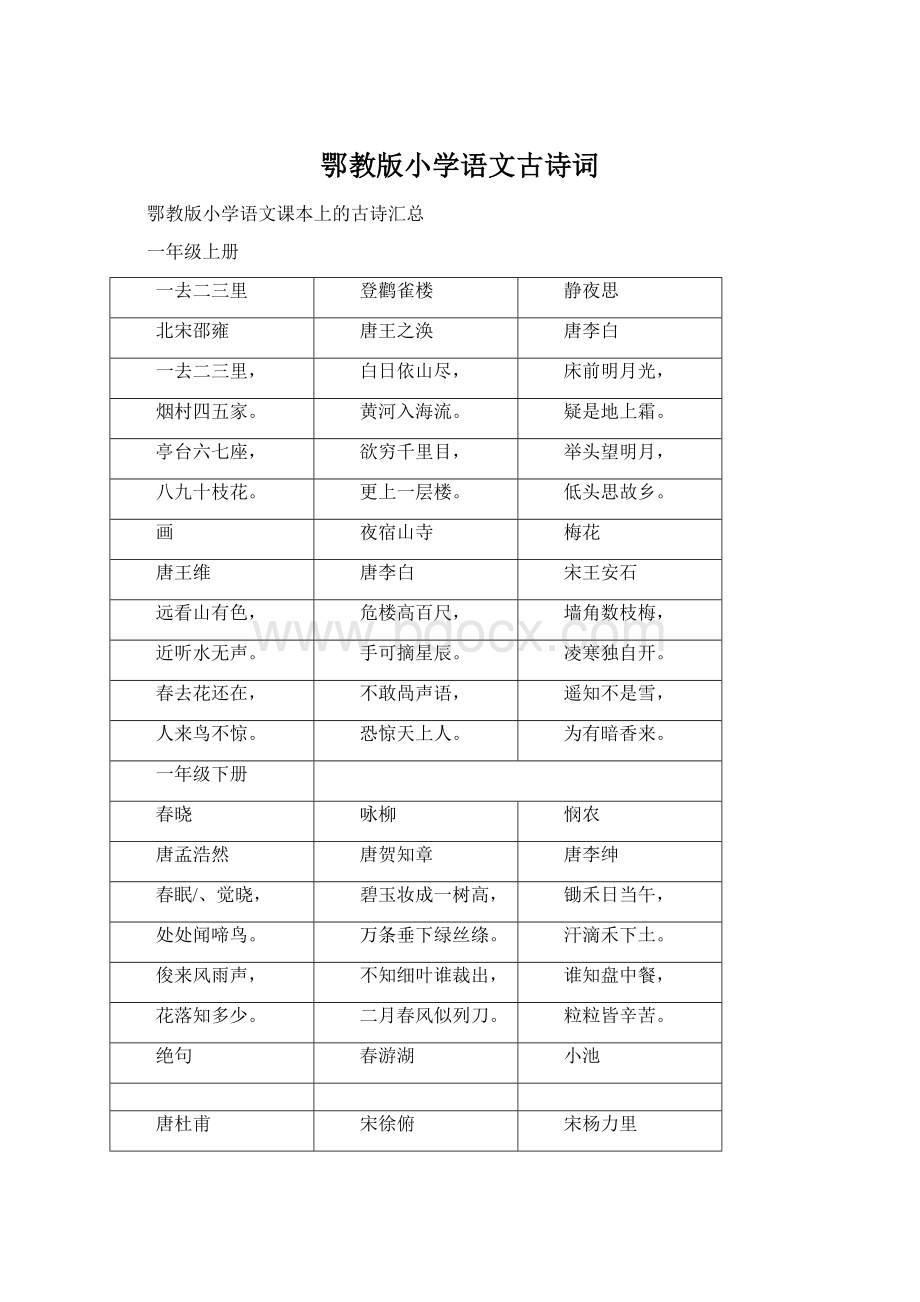 鄂教版小学语文古诗词.docx