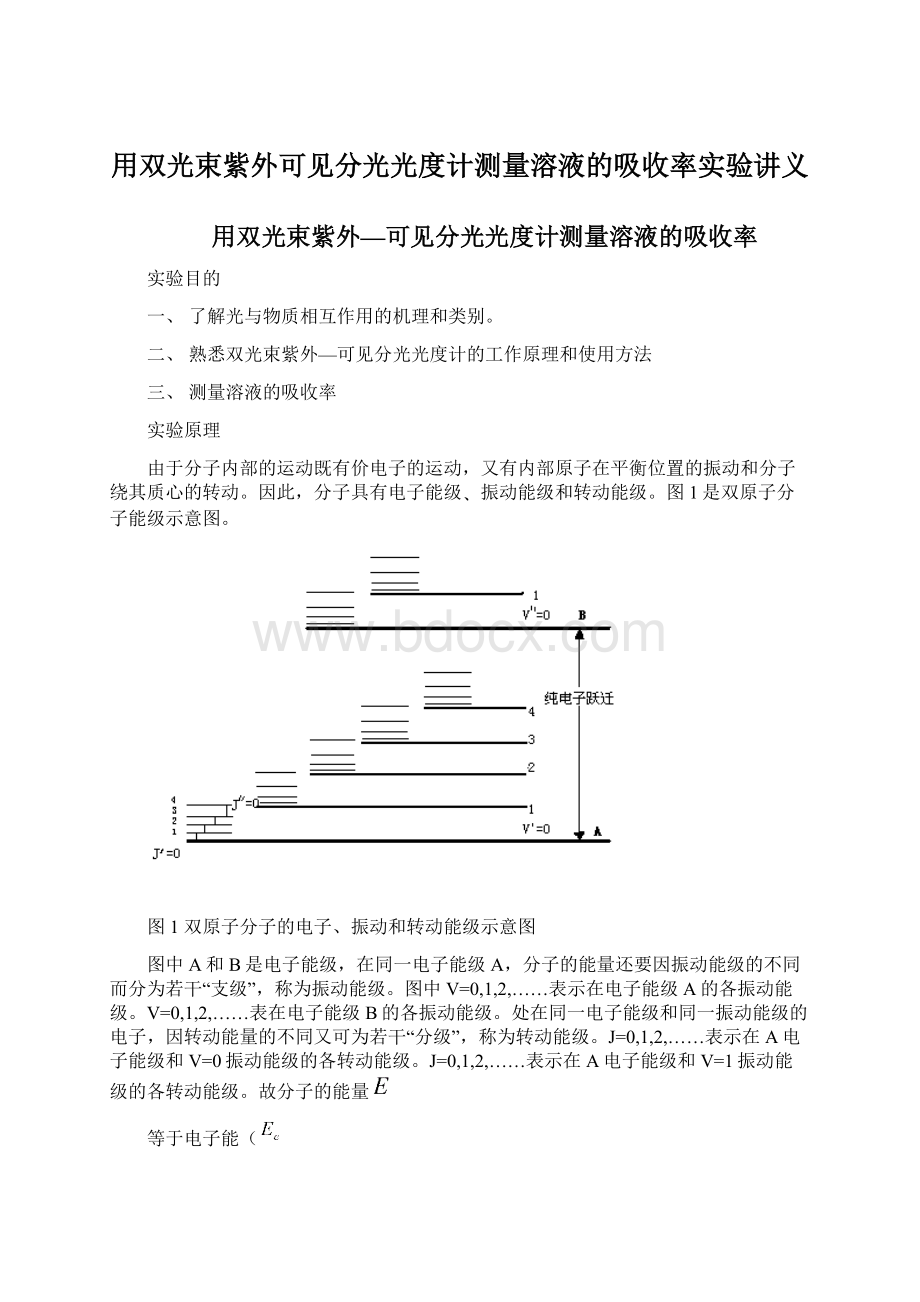 用双光束紫外可见分光光度计测量溶液的吸收率实验讲义Word格式文档下载.docx