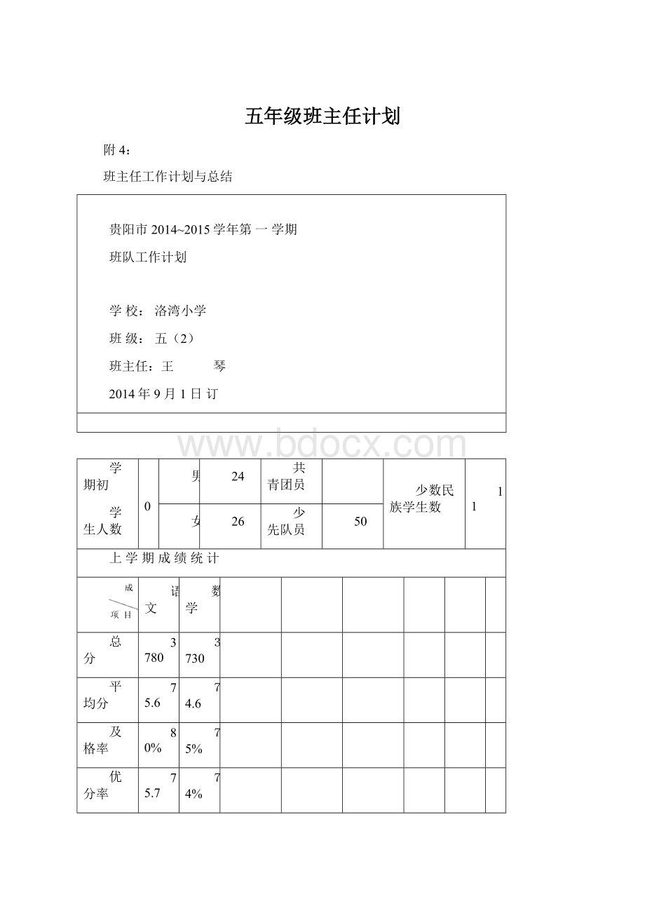 五年级班主任计划.docx