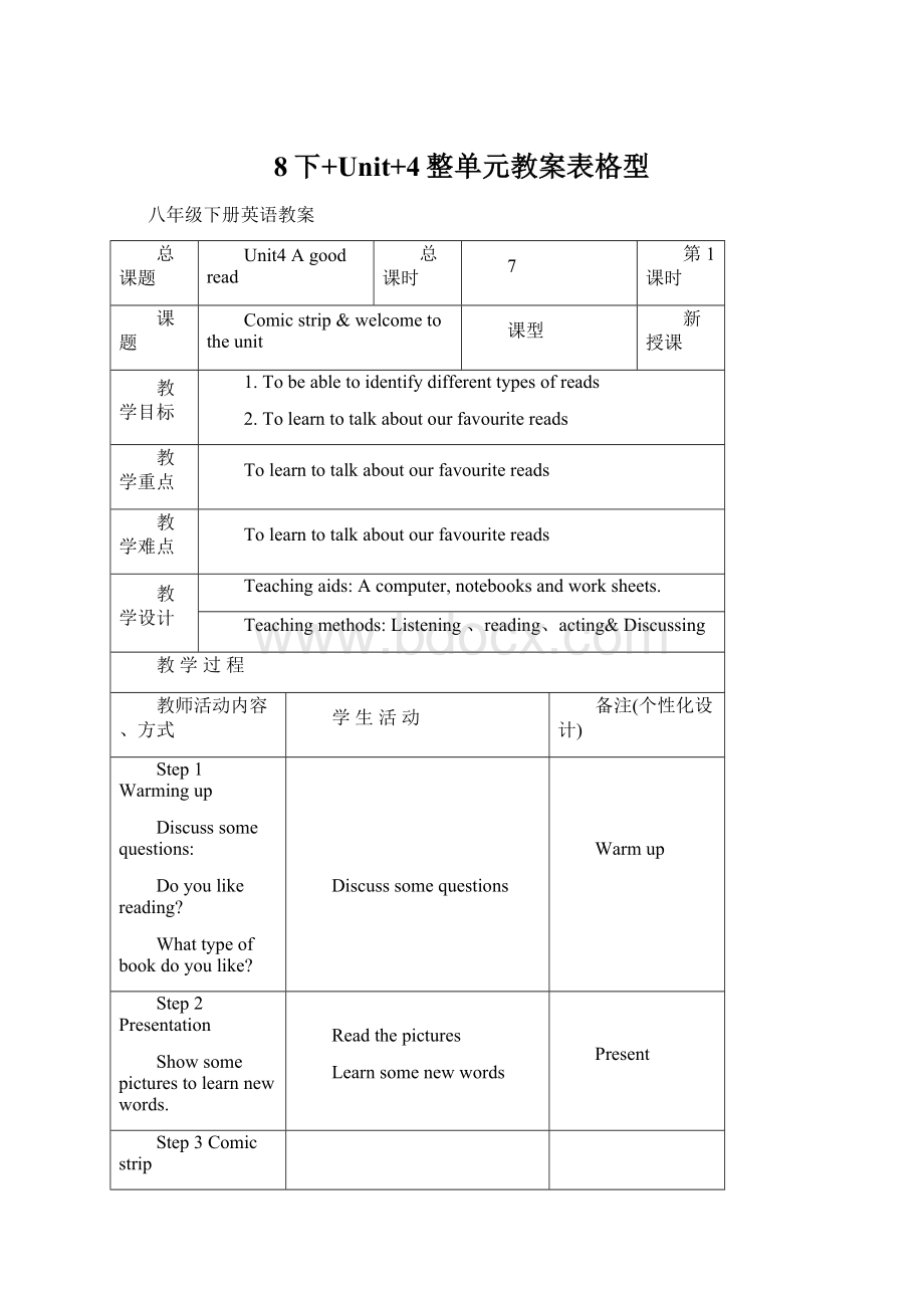 8下+Unit+4整单元教案表格型文档格式.docx_第1页