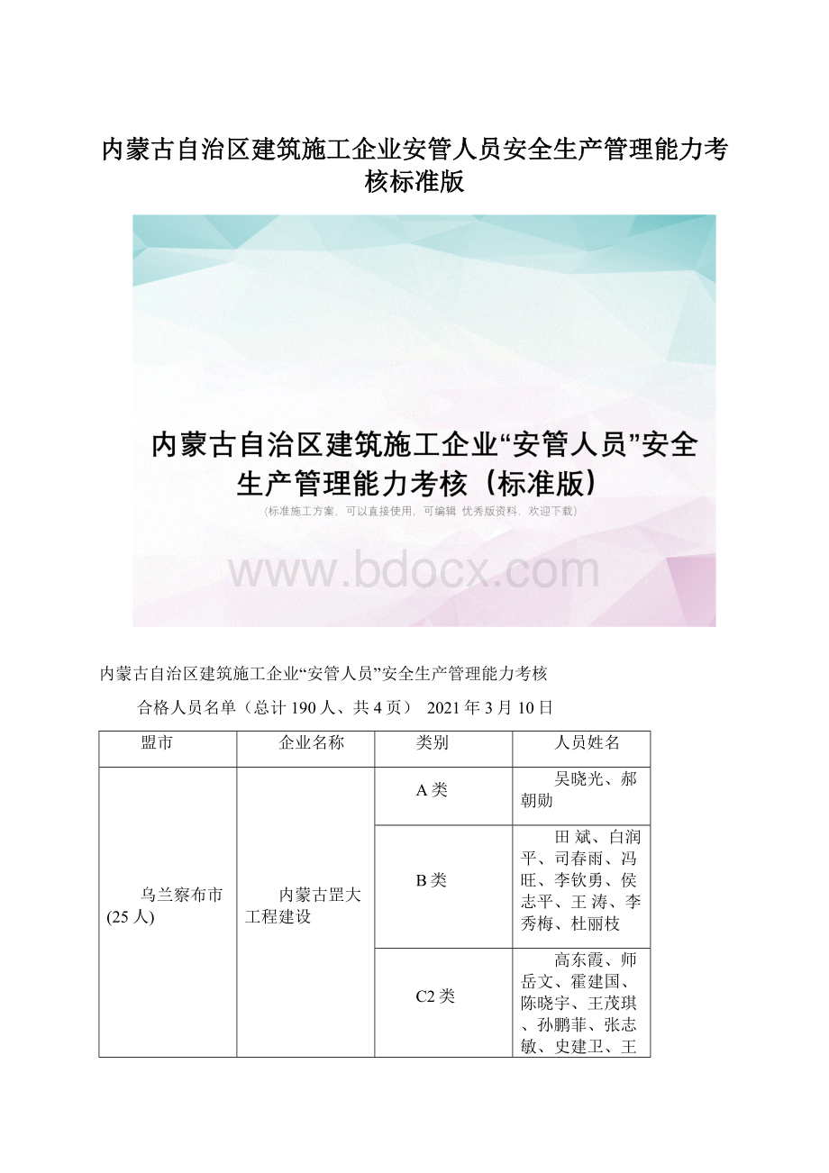 内蒙古自治区建筑施工企业安管人员安全生产管理能力考核标准版Word文件下载.docx