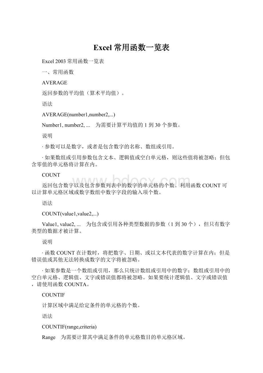 Excel 常用函数一览表Word文件下载.docx_第1页