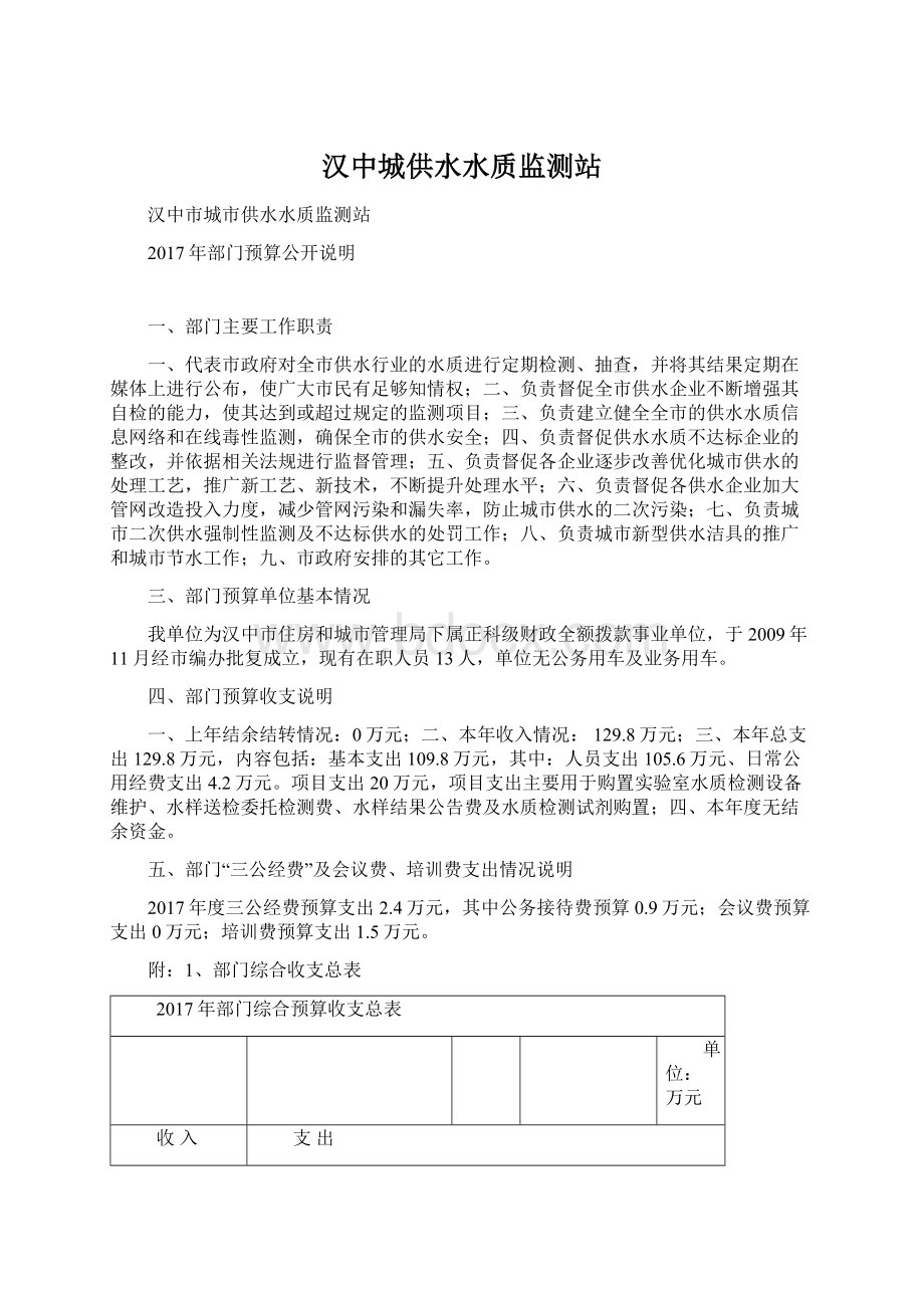 汉中城供水水质监测站Word格式文档下载.docx