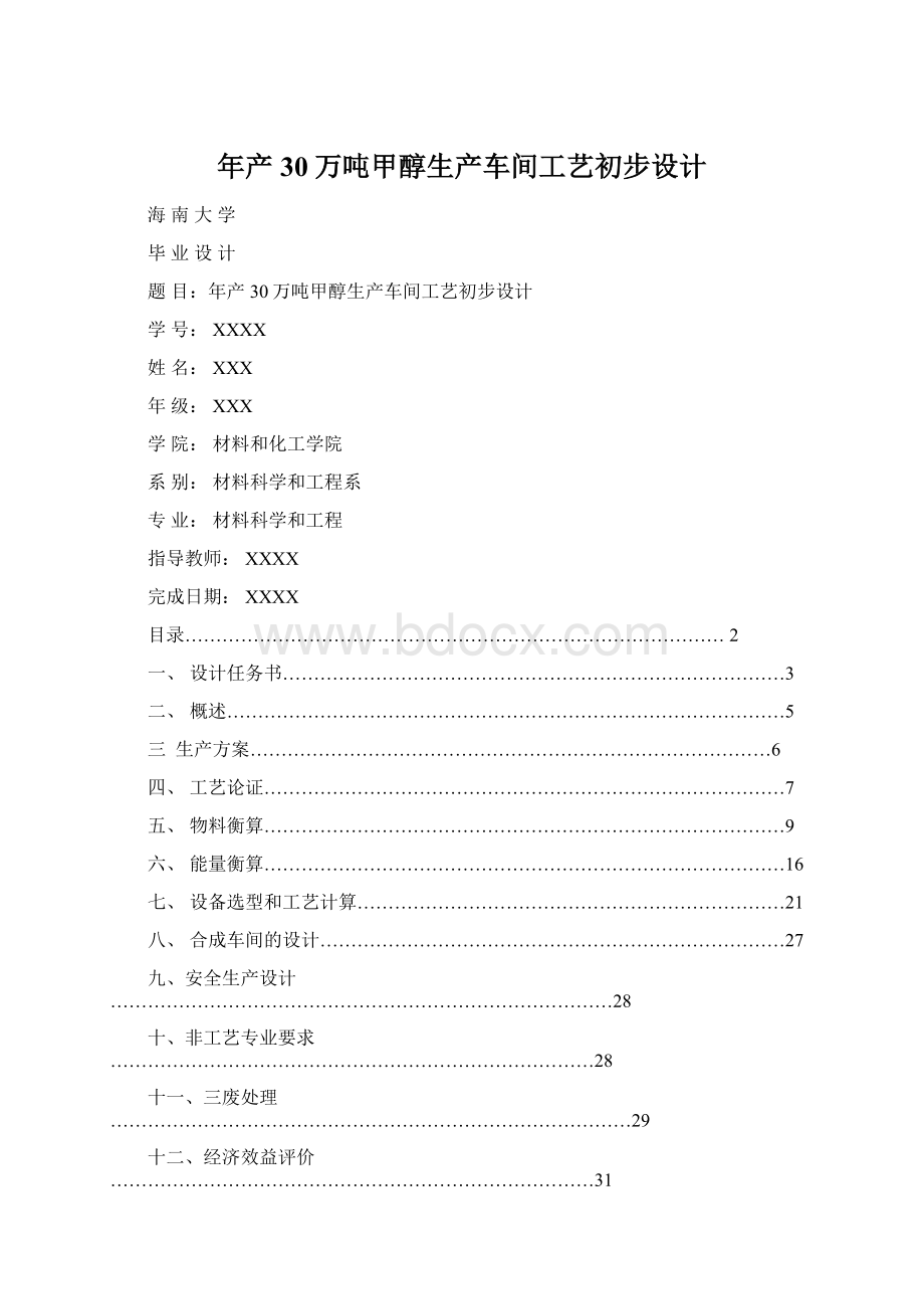 年产30万吨甲醇生产车间工艺初步设计文档格式.docx_第1页