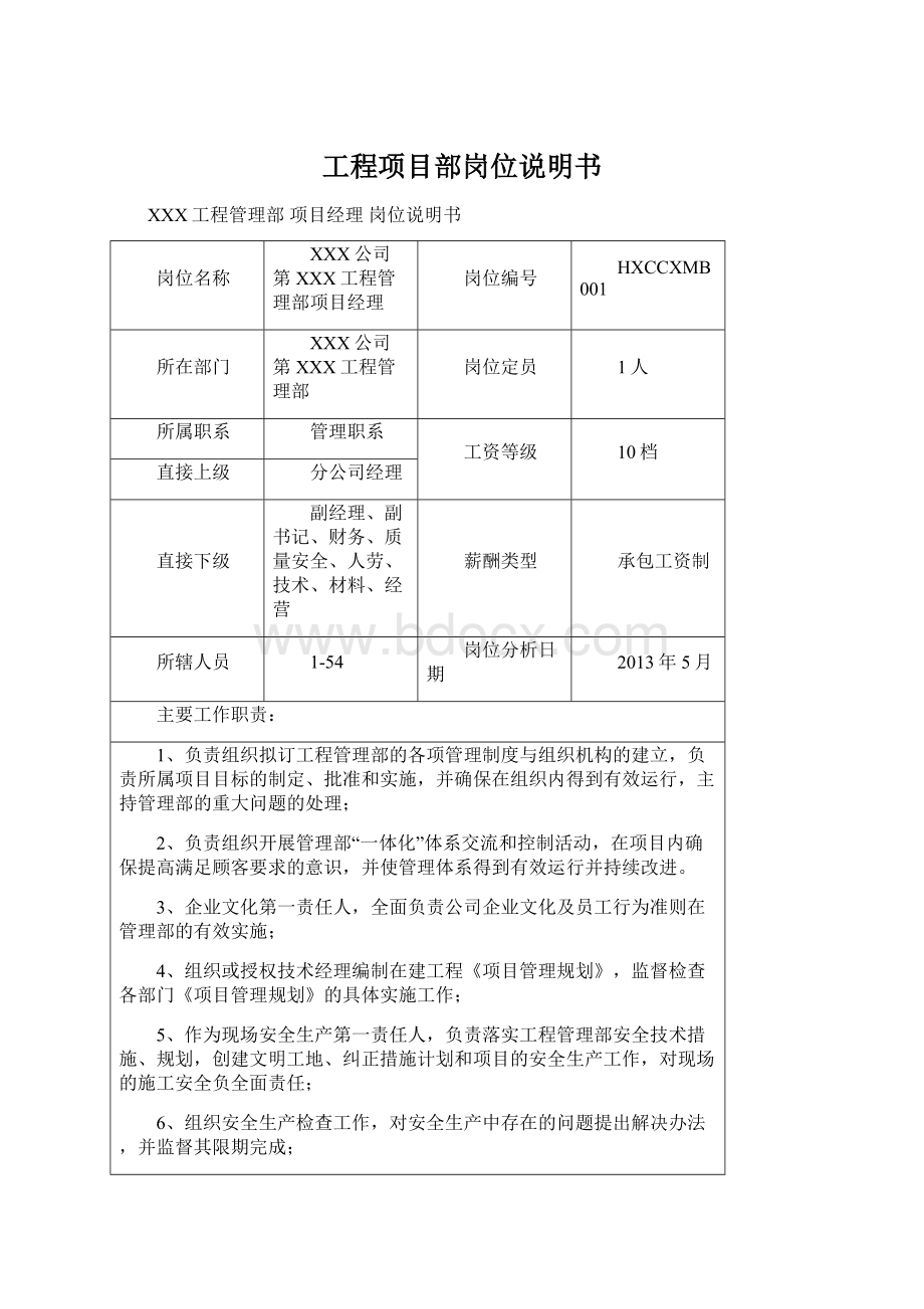 工程项目部岗位说明书Word格式.docx