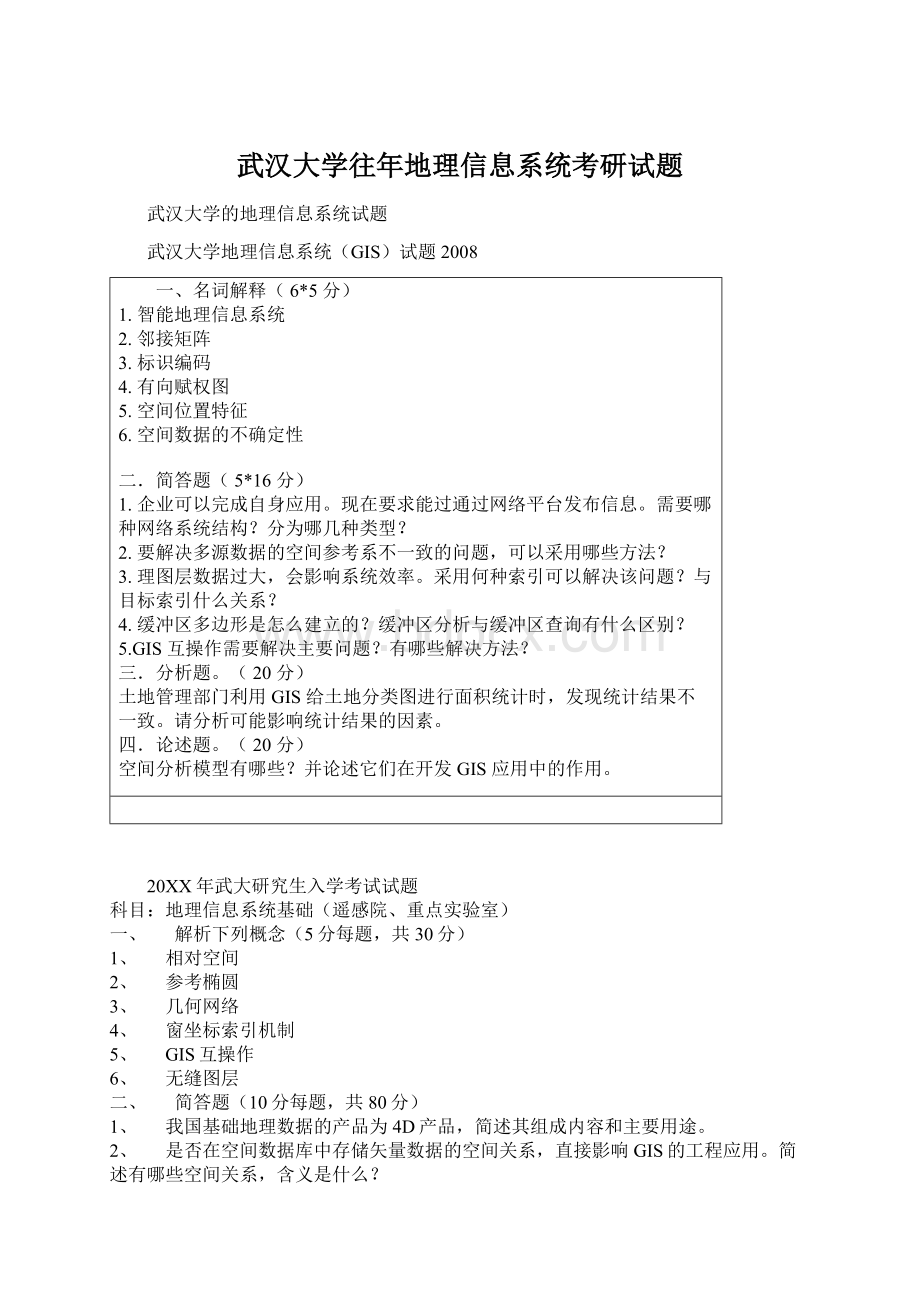 武汉大学往年地理信息系统考研试题Word文档下载推荐.docx