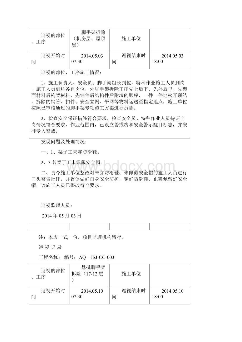 脚手架拆除巡视记录Word格式文档下载.docx_第2页