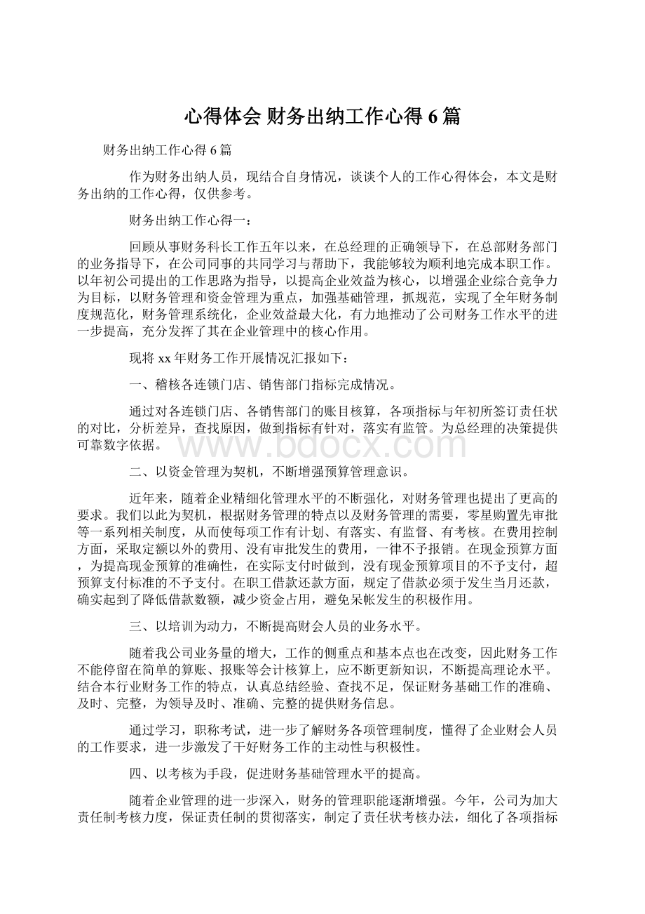 心得体会 财务出纳工作心得6篇Word格式文档下载.docx_第1页