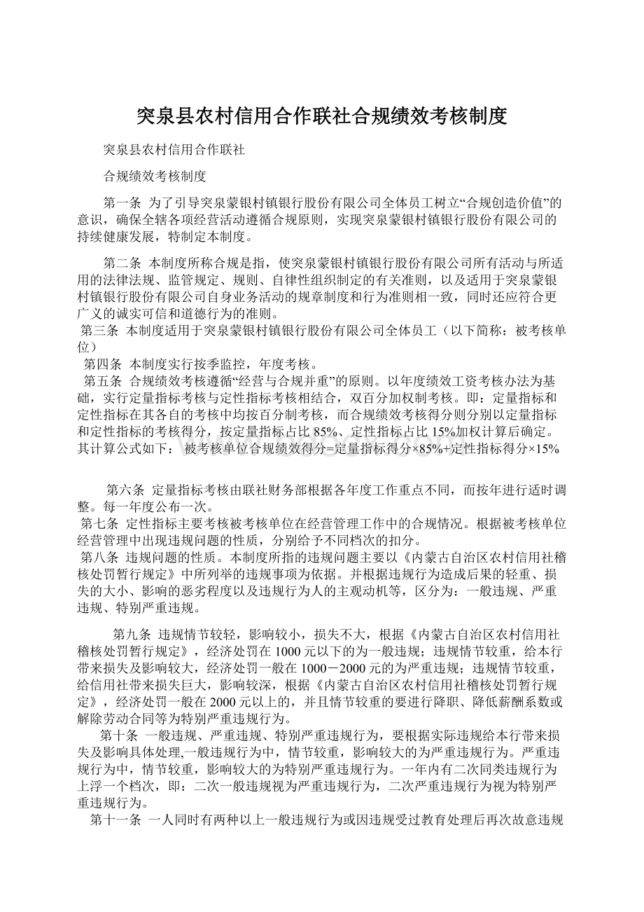 突泉县农村信用合作联社合规绩效考核制度Word格式文档下载.docx