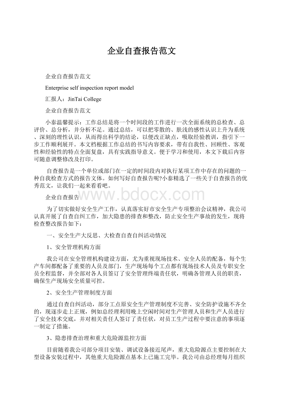 企业自查报告范文.docx