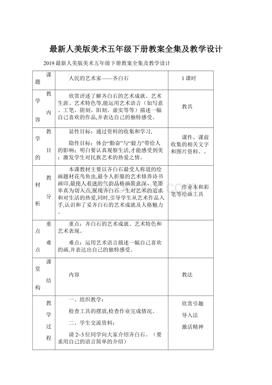 最新人美版美术五年级下册教案全集及教学设计Word格式文档下载.docx