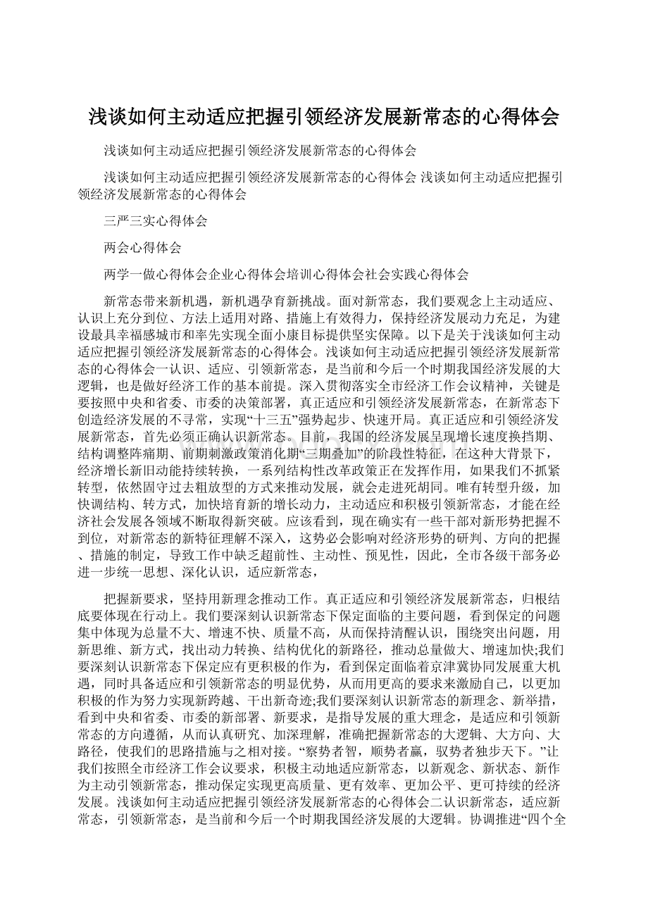 浅谈如何主动适应把握引领经济发展新常态的心得体会Word文件下载.docx